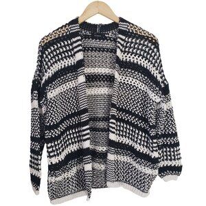 Reserved Black White Striped Open Knit Cardigan Sweater Size S Layering Boho